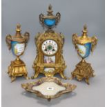 A French gilt metal clock garniture and a tray height 39cm