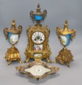 A French gilt metal clock garniture and a tray height 39cm