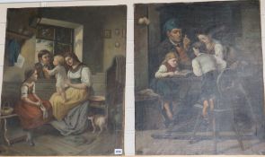 Continental School, pair of oils on canvas, 'The Farewell' and 'Learning to Read', 68 x 55cm,