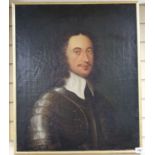 19th century English School, oil on canvas, Portrait of a 17th century gentleman wearing armour,