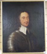 19th century English School, oil on canvas, Portrait of a 17th century gentleman wearing armour,