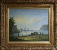 An oil on canvas of harbour scene