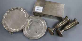 A George V silver waiter, a silver cigarette box, par of silver spill vases and a 925 dish.
