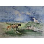 Dick Leech, watercolour, Horses in a landscape, signed, 47 x 62cm, unframed