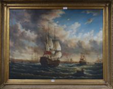 S. William, modern oil on canvas, Warships off the coast, 89 x 118cm