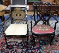 A Regency style chinoiserie elbow chair and an ebonised armchair