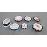Seven early 19th century and later enamel patch boxes