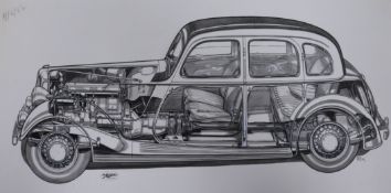 Maximilian Attila Millar, c.1890-1973, ink and wash, cutaway study of a Rover 14 for the Auto Car