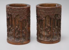 A pair of 19th century Chinese bamboo brush pots, Seven Sages of the bamboo grove