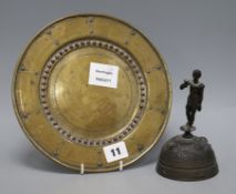 A small bronze table bell and an Indian brass and copper dish diameter 22cm