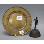 A small bronze table bell and an Indian brass and copper dish diameter 22cm