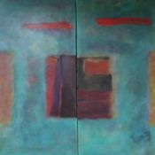 Sara Owen, June 1997, diptych pair of oils, 'Green field with red plank', 91 x 46cm each, unframed