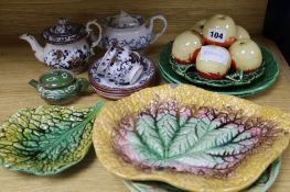 A Davenport part child's tea set, and various majolica and greenware fruit dishes etc