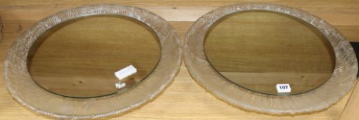 Two 1960s plastic dish and mirror ceiling lights diameter 47cm approx.