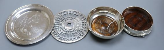 Two silver bottle coasters, a silver 'Last Farewell to the British Empire' commemorative plate and a