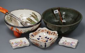 A seaweed-style salad bowl with servers, other ceramics including studio pottery bowl