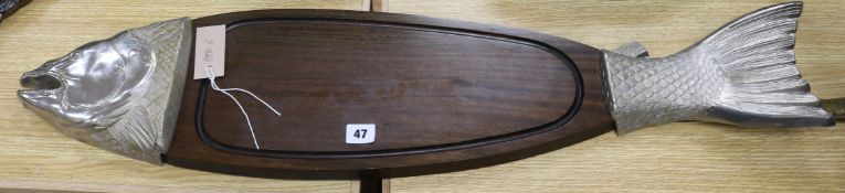 A mahogany and metal fish platter length 90cm