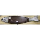 A mahogany and metal fish platter length 90cm