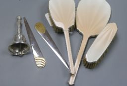 A four-piece silver and guilloche enamel dressing table set, a table bell and two letter openers