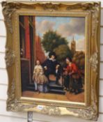 Continental School (20th century), oil on board, Dutch-style town scene with a gentleman seated