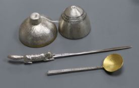 Two modern textured silver-gilt bowls and matching spoon (possibly Sarah Jones) and a letter