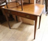 A George III inlaid mahogany side table, fitted single long drawer with stamped brass handles, on