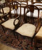 Two Edwardian marquetry inlaid mahogany salon chairs