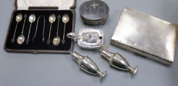 Mixed silver including a silver and tortoiseshell trinket box, three condiments, cased spoons and