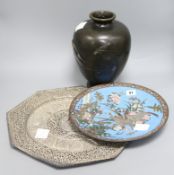 A Japanese bronze vase, a cloisonne dish and Indian dish largest length 40cm