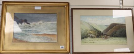 A seascape watercolour by A.Augusta tallboys RWA and a similar landscape, unsigned