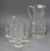 A cut glass water set, six glasses and a jug
