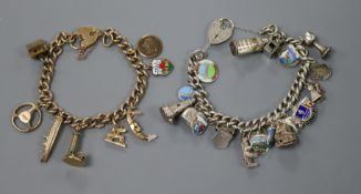 A 9ct gold charm bracelet with padlock clasp and a silver charm bracelet, the gold bracelet hung