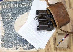 A pair of WWI binoculars, cased (Major D. Nelson, VC RHA) and a collection of related ephemera,