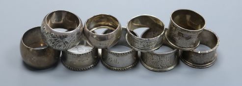 A pair of silver napkin rings, Chester, 1906 and seven other assorted silver napkin rings