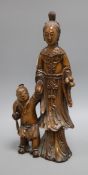 A Chinese carved hardwood group of a mother and child height 39cm