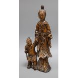 A Chinese carved hardwood group of a mother and child height 39cm