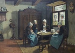 Dutch School, oil on board, interior scene with figures sewing 62 x 84cm.