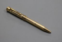 An early 20th century 9ct gold and enamel cased Jurna multi propelling calendar pencil, 12.8cm.