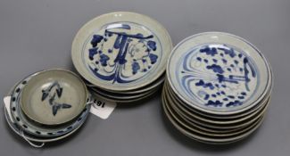 A collection of Chinese 18th/19th century blue and white pottery, including three small circular