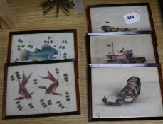 Five Chinese pith paintings, 19th century, three depicting junk boats and two fish Largest 14 x