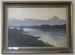 Maxim Jourov oil on canvas, Evening Light on the River, inscribed verso 40 x 59cm.