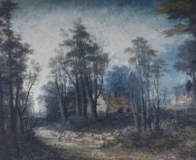 19th century Irish School, oil on canvas, Wooded landscape with cottages and driven sheep