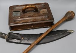 A knobkerrie, Victorian oak desk stand and a Kukri