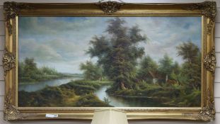 Continental School oil on canvas river landscape 60 x 120cm.