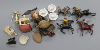 A small doll, sewing ephemera etc