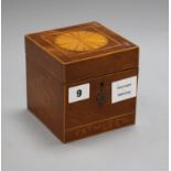 A George III inlaid mahogany cube shaped tea caddy approx 11.5cm sq.