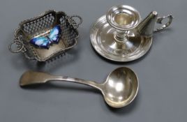 A modern silver chamberstick, a silver bon bon dish, a George III silver sauce ladle and butterfly