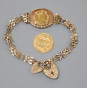 A 1/20 ounce gold angel in 9ct gold bracelet mount and a 1902 half sovereign.