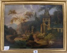 A 19th century Swiss School, oil on canvas, Landscape with church, the church tower with watch,