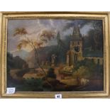 A 19th century Swiss School, oil on canvas, Landscape with church, the church tower with watch,